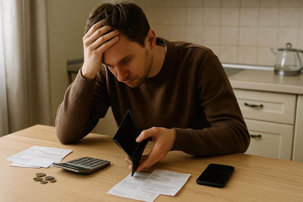 Joven preocupado revisando sus cuentas con la billetera vacía sobre la mesa de su cocina