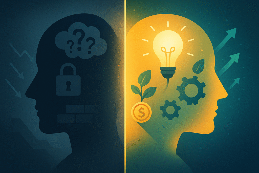 Ilustración que muestra la transición de una mentalidad limitada a una mentalidad de abundancia, con un perfil oscuro lleno de bloqueos a la izquierda y otro iluminado con símbolos de crecimiento a la derecha.