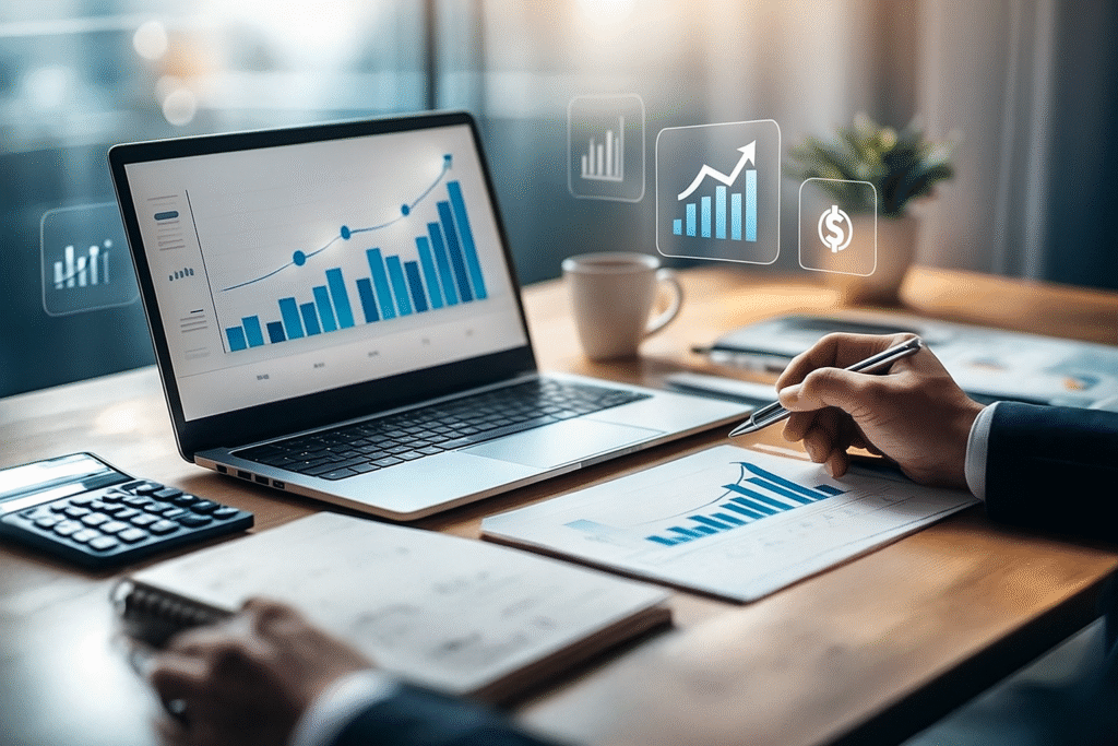Mesa de trabajo con laptop mostrando gráficos financieros ascendentes, una mano tomando notas y documentos con análisis, simbolizando éxito y organización financiera.