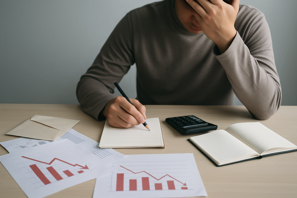 Persona revisando documentos financieros y usando una calculadora en un escritorio con una laptop y una libreta, representando la gestión de finanzas durante una crisis sin mostrar dinero físico.