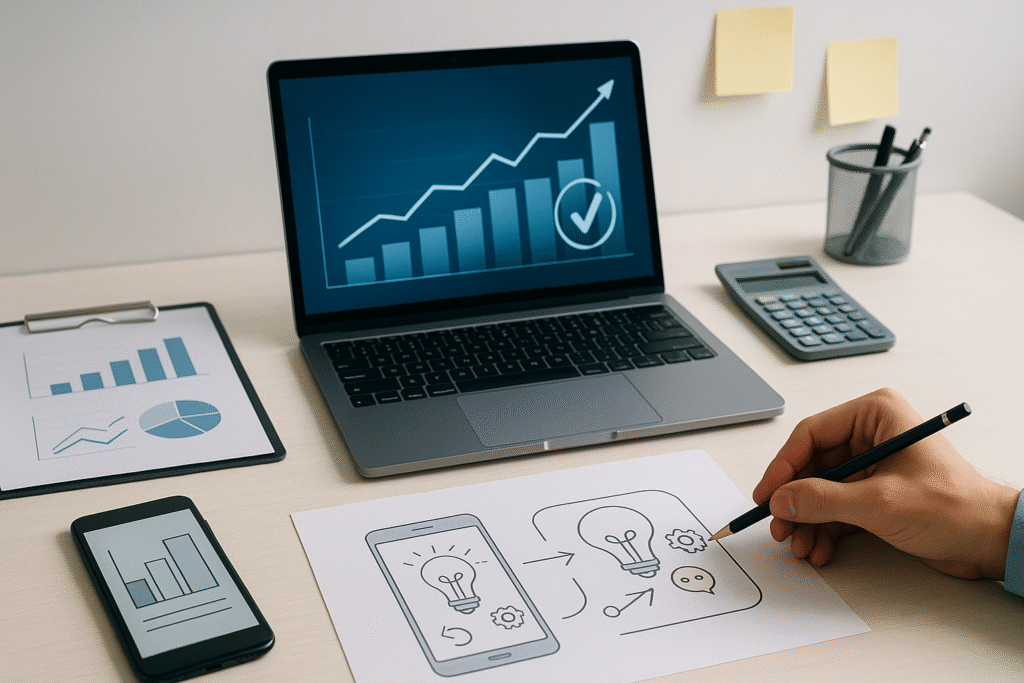 Persona analizando un boceto de idea de negocio sobre un escritorio con laptop mostrando gráficos ascendentes, un smartphone, documentos y una calculadora, simbolizando el proceso de validar una idea antes de invertir dinero.