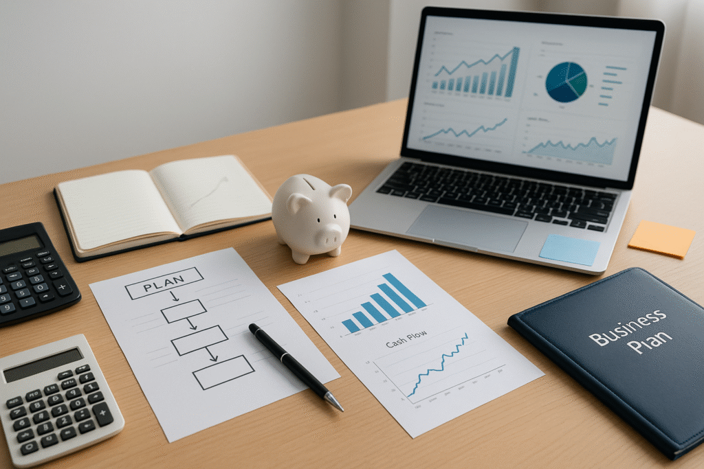 Mesa de trabajo con documentos financieros, laptop con gráficos, calculadoras y carpeta de business plan, representando la planificación financiera de un emprendimiento.