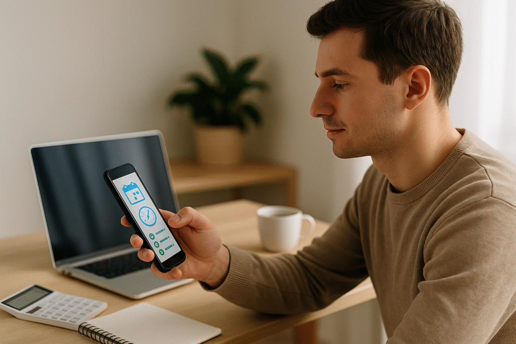 Joven organizando sus finanzas desde una computadora portátil en un entorno tranquilo y ordenado