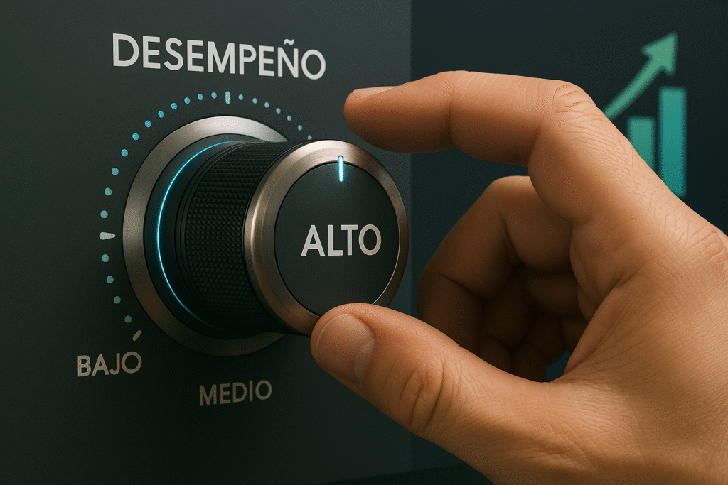 Mano girando una perilla de nivel financiero con indicadores en español marcando progreso