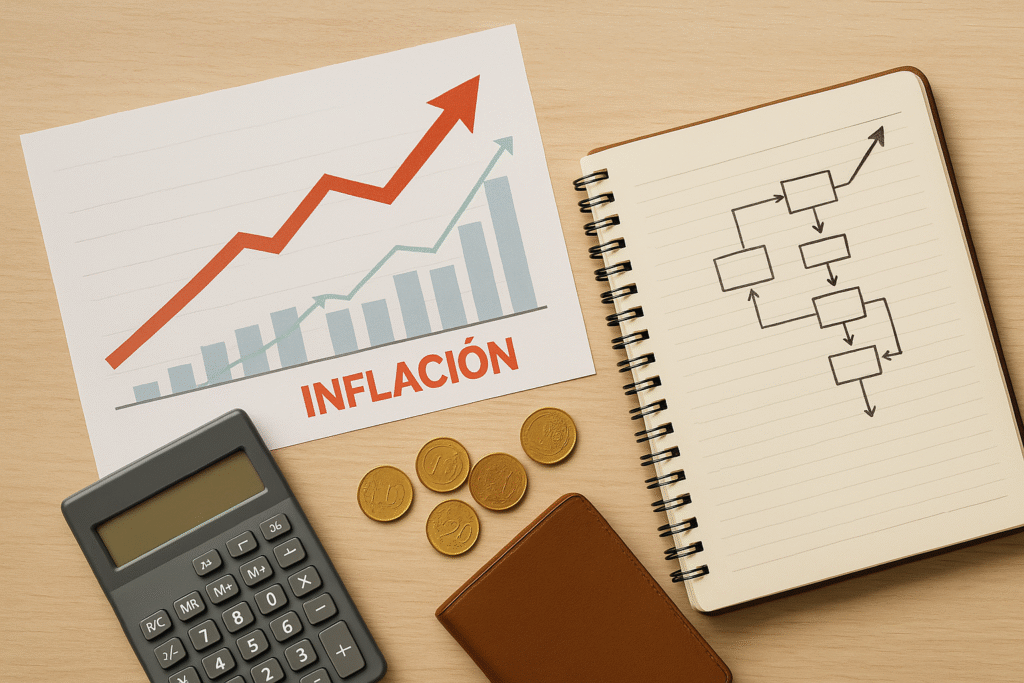 Gráfico con tendencia alcista y la palabra inflación junto a una calculadora, monedas y un cuaderno con un diagrama, simbolizando la preparación financiera de un negocio ante la inflación en 2026.