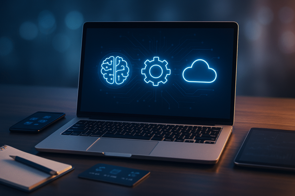 Portátil mostrando iconos de inteligencia artificial, automatización y computación en la nube, representando tecnologías clave para emprendedores en 2026.