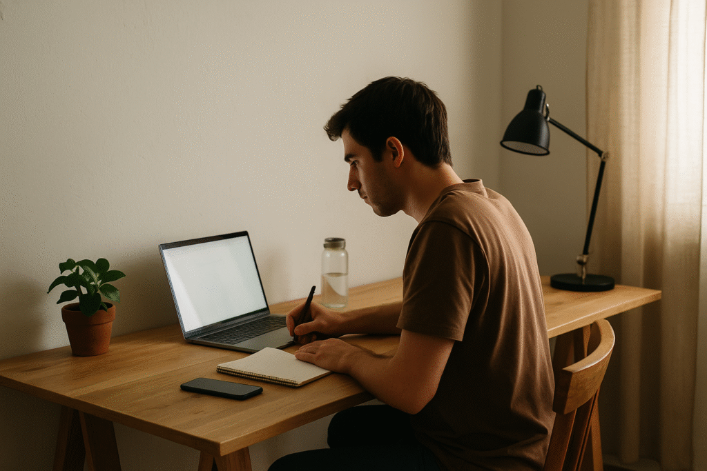 Joven trabajando desde un escritorio sencillo con pocos recursos, iniciando un proyecto con determinación