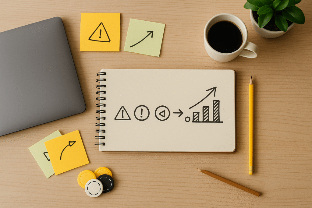 Mesa de trabajo con un cuaderno que muestra símbolos de advertencia y una gráfica ascendente, representando el proceso de convertir obstáculos en oportunidades de crecimiento.