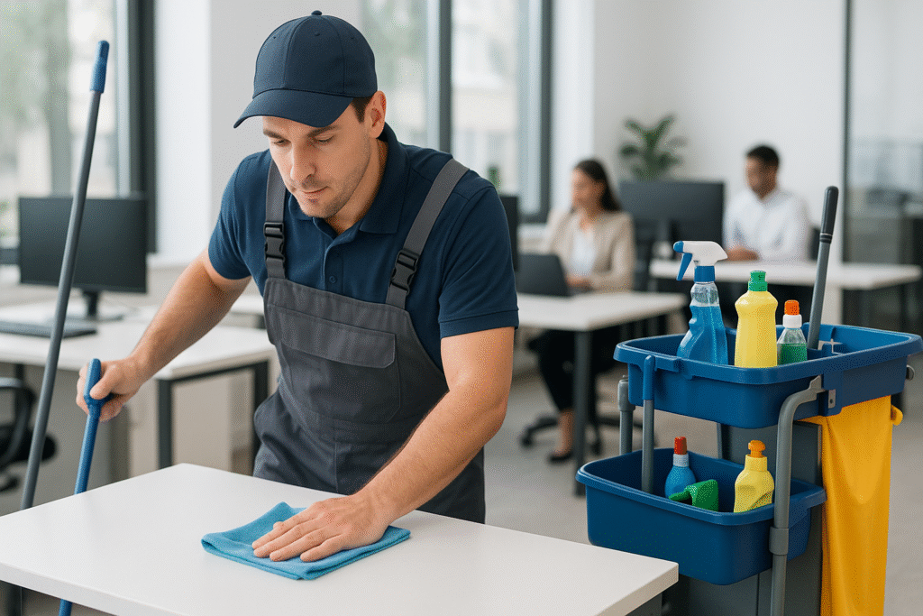 Personal de limpieza profesional limpiando un escritorio en una oficina moderna, con un carrito de limpieza y trabajadores al fondo.