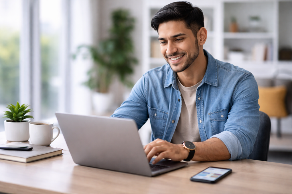 Profesional joven latino sonriendo frente a laptop con smartphone en escritorio moderno representando empleos en Argentina que pagan en dólares en 2026