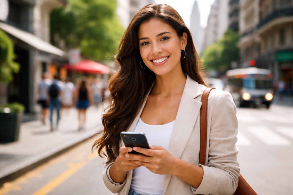 Joven mujer latina sonriendo con smartphone en calle de Buenos Aires buscando empleo sin experiencia en 2026