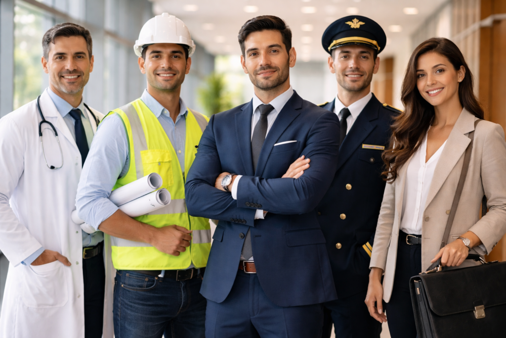 Grupo de profesionales diversos en lobby corporativo moderno representando los empleos mejor pagados en Argentina en 2026