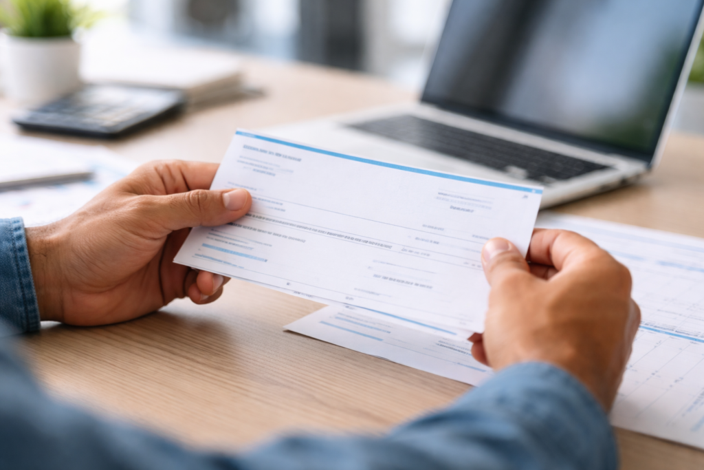 Manos de trabajador sosteniendo recibo de sueldo sobre escritorio de oficina representando el salario mínimo vital y móvil en Argentina 2026