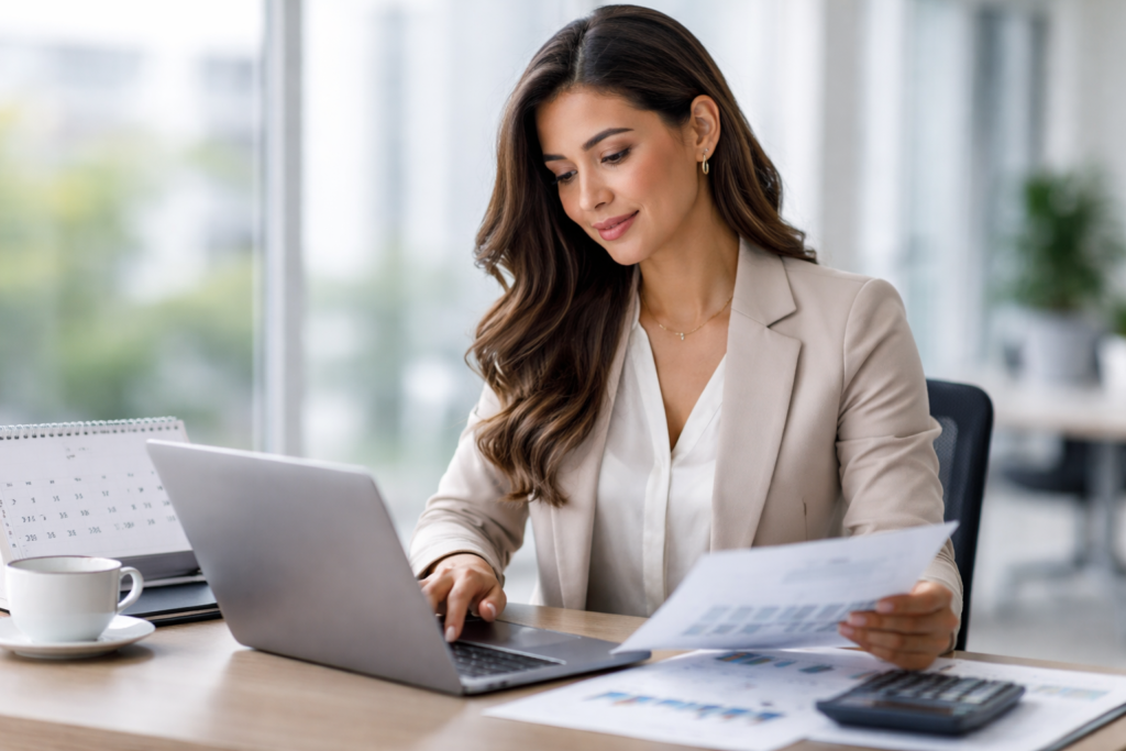 Mujer profesional revisando documentos financieros y calendario en oficina moderna representando el aumento del sueldo mínimo vital y móvil en Argentina 2026