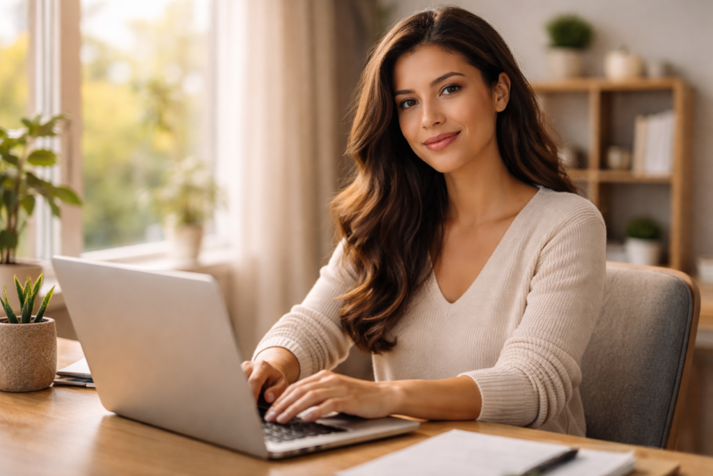 Mujer joven trabajando desde casa en laptop junto a ventana luminosa representando opciones de trabajo remoto sin experiencia en Argentina 2026