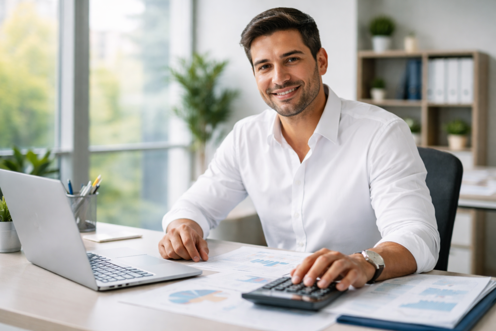 Contador profesional trabajando en escritorio con laptop y documentos financieros representando el sueldo de un contador en Argentina en 2026
