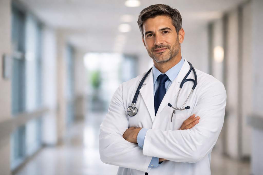 Médico latino con guardapolvo blanco y estetoscopio en pasillo de hospital moderno representando el sueldo médico en Argentina en 2026