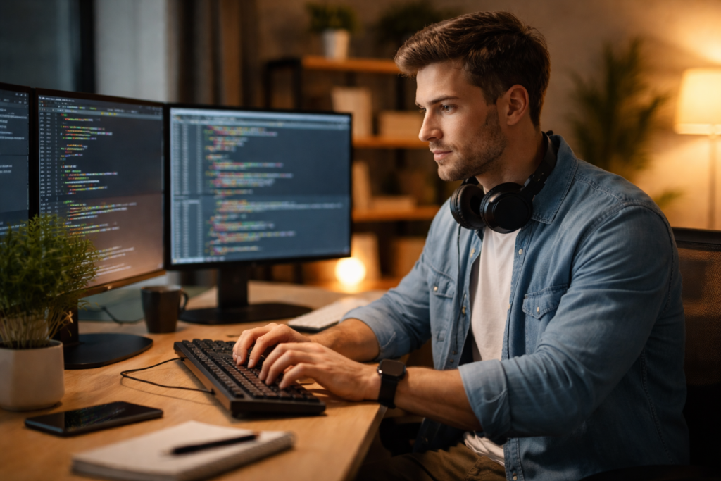 Programador joven trabajando frente a dos monitores con código representando el sueldo de un desarrollador en Argentina en 2026