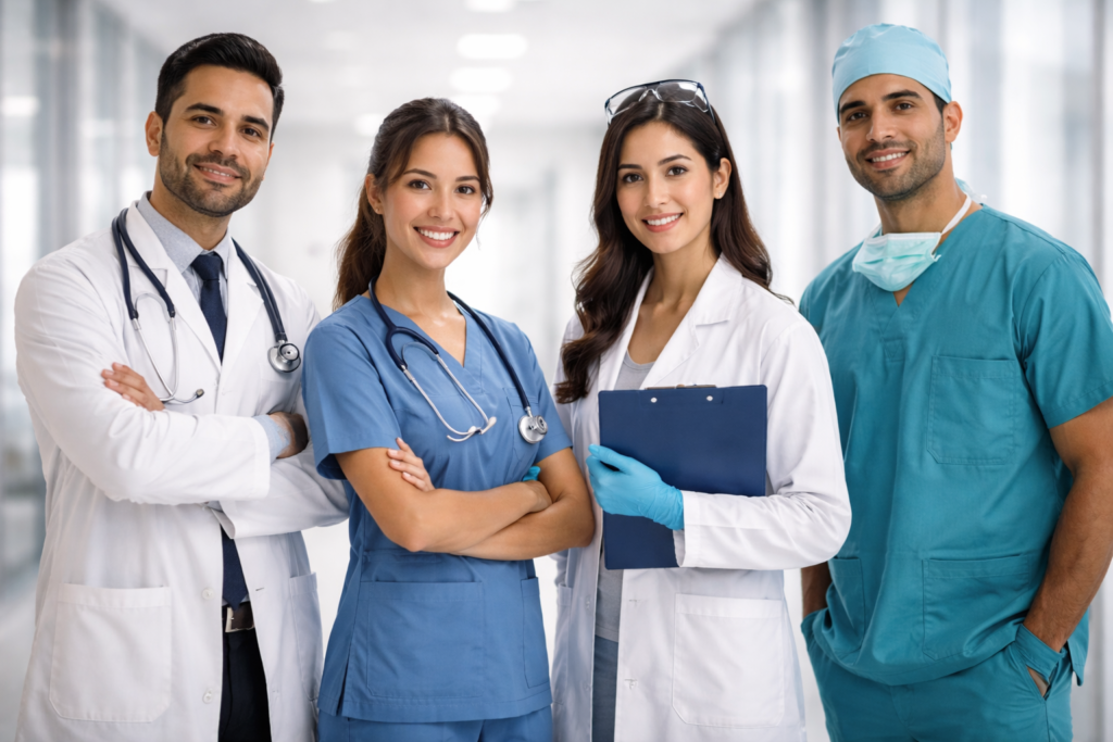 Equipo diverso de profesionales de la salud latinos en pasillo de hospital moderno representando los empleos mejor pagados del sector salud en Argentina en 2026