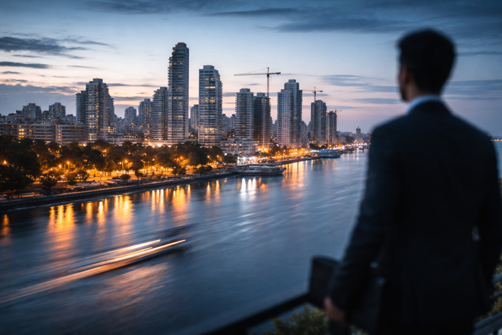 Skyline de Rosario Argentina sobre el río Paraná al amanecer con silueta de profesional representando los empleos mejor pagados en Rosario en 2026