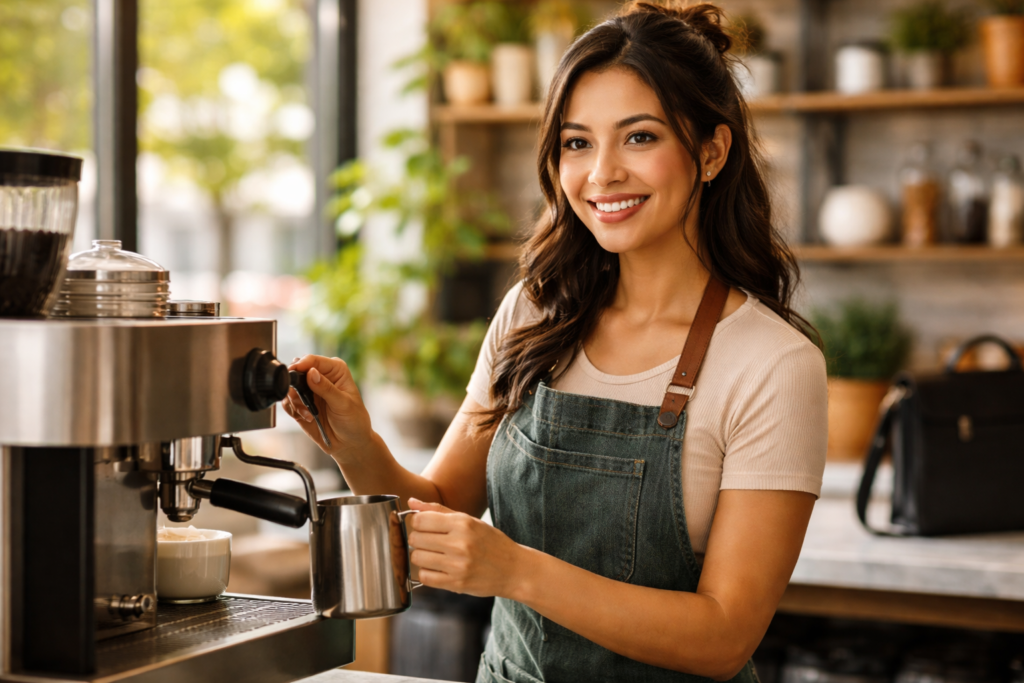 Joven mujer latina trabajando en café con bolso de laptop sugiriendo trabajo part-time en Argentina en 2026
