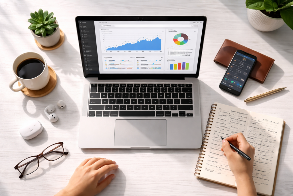 Vista cenital de escritorio de home office con laptop abierta smartphone cuaderno y café representando formas reales de generar ingresos extra desde casa en Argentina en 2026