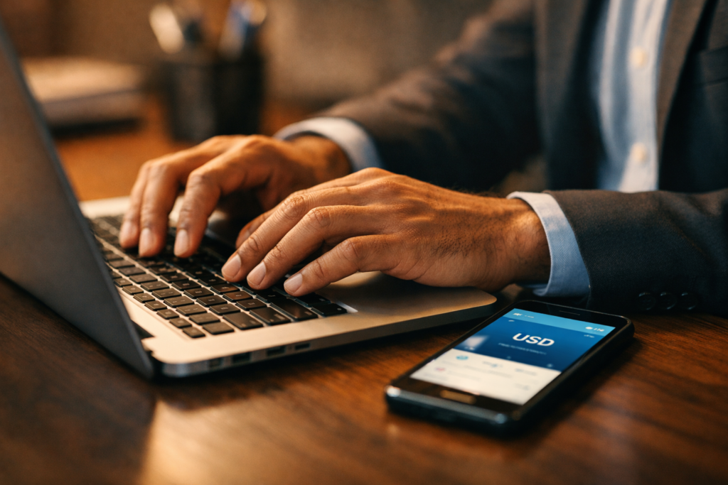 Manos de profesional latino escribiendo en laptop con app de cobro en dólares en smartphone representando trabajos que pagan en dólares en Argentina en 2026