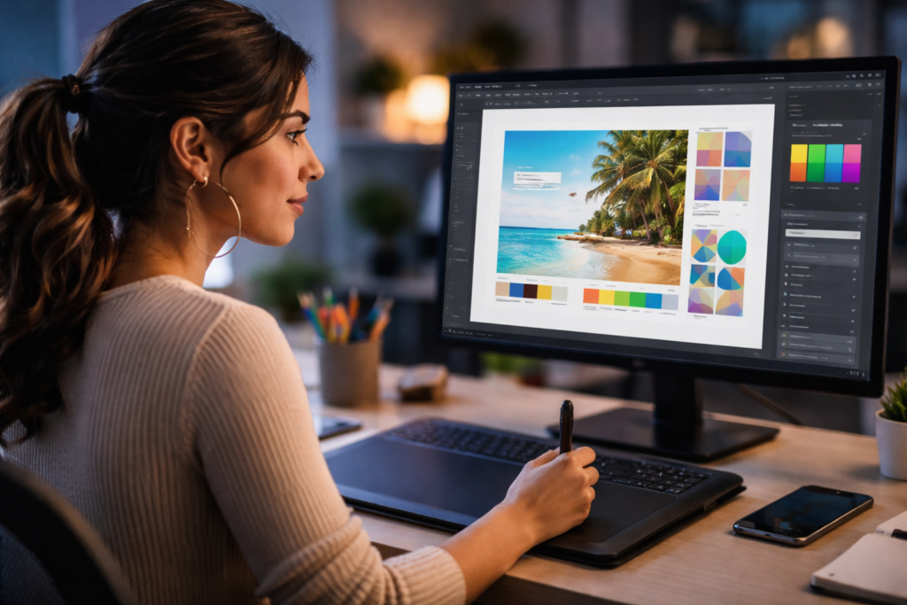 Diseñadora gráfica latina trabajando con tableta digitalizadora frente a monitor con proyecto de diseño en estudio moderno representando el sueldo de diseñador gráfico en Argentina 2026