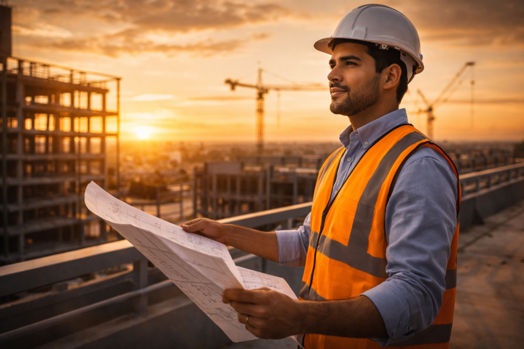 Ingeniero latino con casco de seguridad y chaleco en obra de construcción al atardecer representando el sueldo de ingeniero en Argentina en 2026