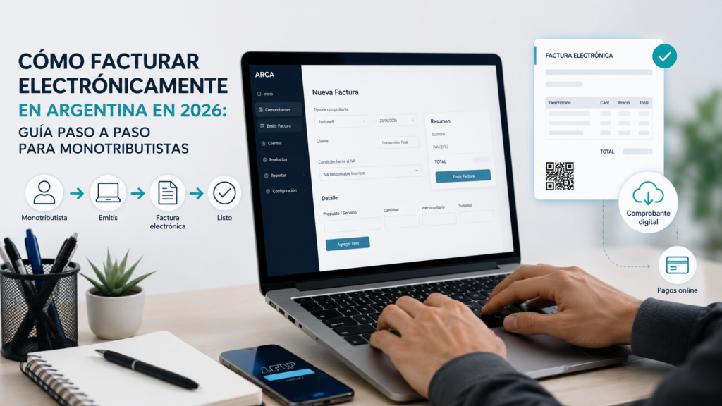 Monotributista emitiendo una factura electrónica desde una computadora en Argentina durante 2026 siguiendo el proceso de facturación electrónica.