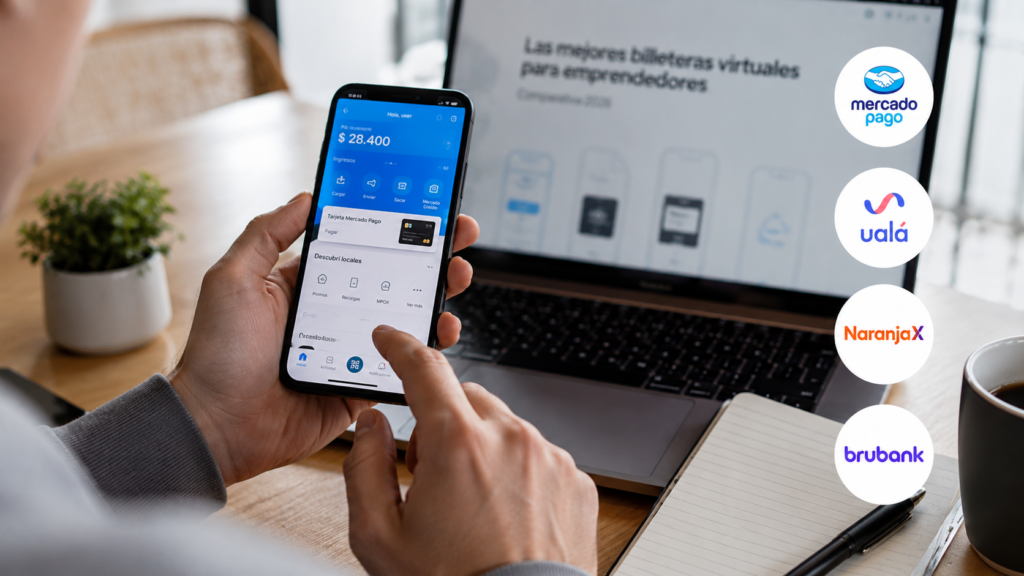 Emprendedor argentino comparando las billeteras virtuales Mercado Pago, Ualá, Naranja X y Brubank para gestionar las finanzas de su negocio en 2026.