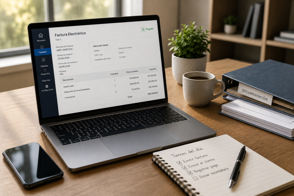 Escritorio de trabajo con notebook mostrando una factura electrónica, documentos y elementos de oficina para ilustrar la facturación de freelancers en Argentina.