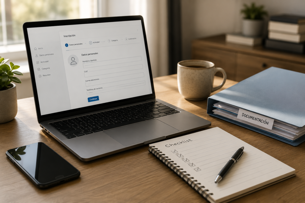 Escritorio de trabajo con notebook mostrando un formulario de inscripción online, documentos y checklist para ilustrar el trámite del Monotributo en Argentina.