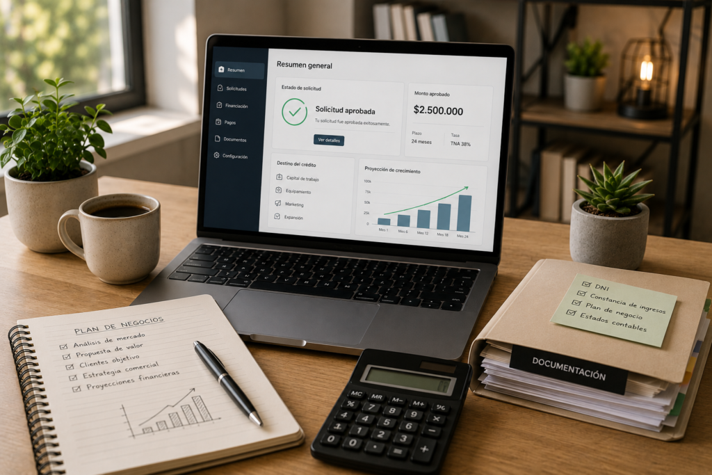 Escritorio de trabajo con notebook mostrando una solicitud de crédito aprobada, documentos y calculadora para ilustrar créditos para emprendedores en Argentina.