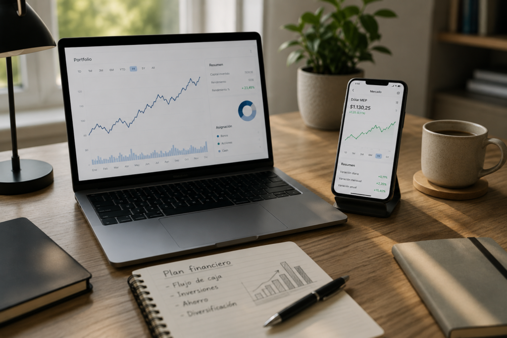 Escritorio de trabajo con notebook y celular mostrando gráficos financieros sobre dólar MEP para emprendedores e inversiones.