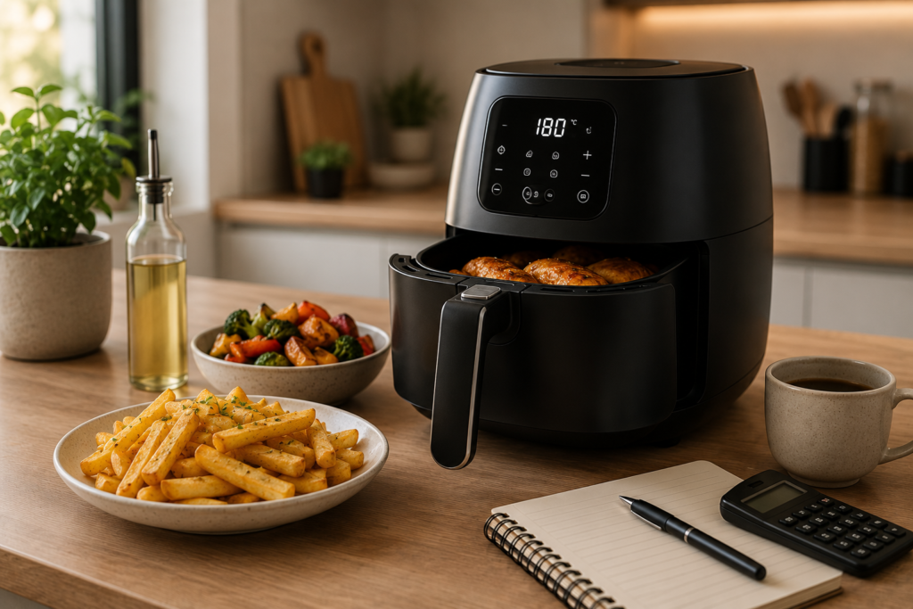 Freidora de aire moderna sobre una mesada de cocina con alimentos cocinados, calculadora y libreta para ilustrar el ahorro de energía y aceite.
